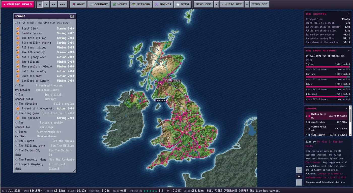 Medals screen in Fibre Tycoon showing 14 of 25 earned, including First light in summer 2010, The first million in spring 2013, All four nations and Not a penny owed