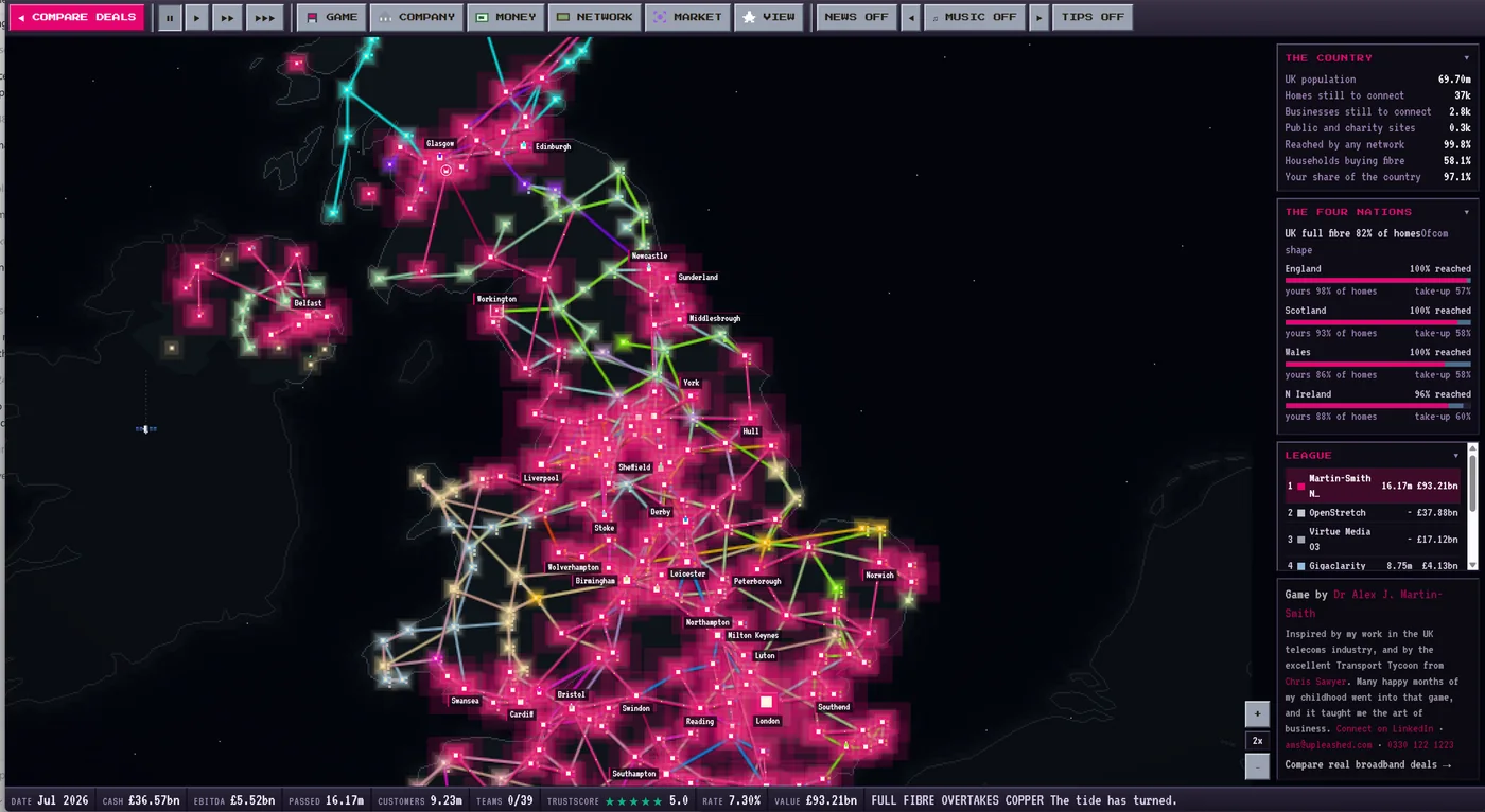 Coverage heat map in Fibre Tycoon showing network density across the United Kingdom, with the brightest areas the most heavily built
