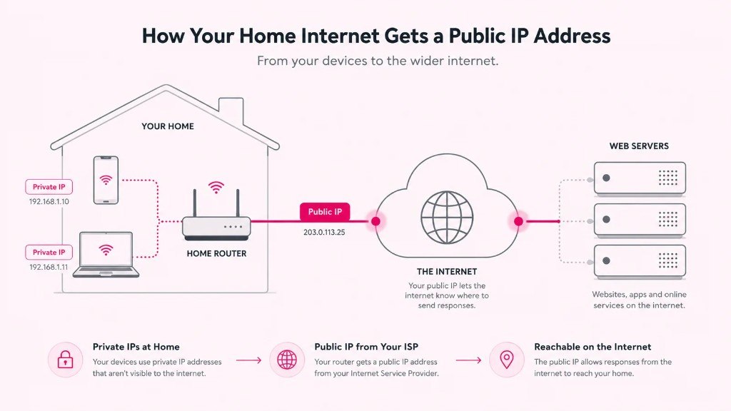Diagram showing how a home internet connection gets a public IP address: devices with private IPs such as 192.168.1.10 connect through a home router, which is assigned one public IP by the ISP, then out to the internet and web servers.