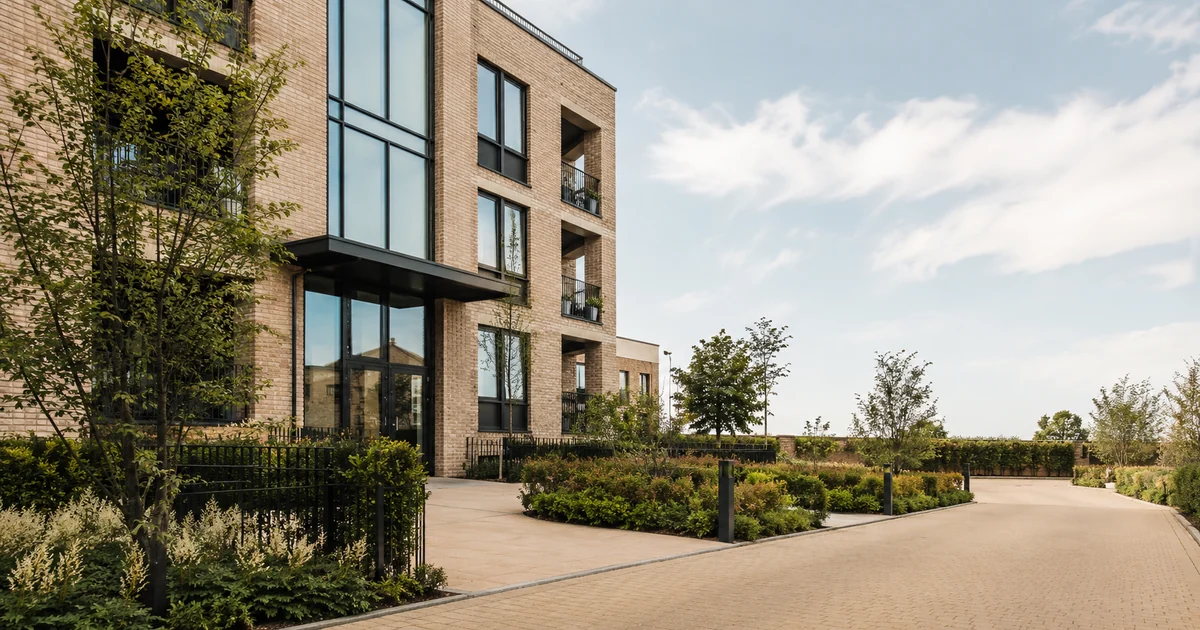 The exterior of a modern UK apartment block wired for full-fibre broadband.