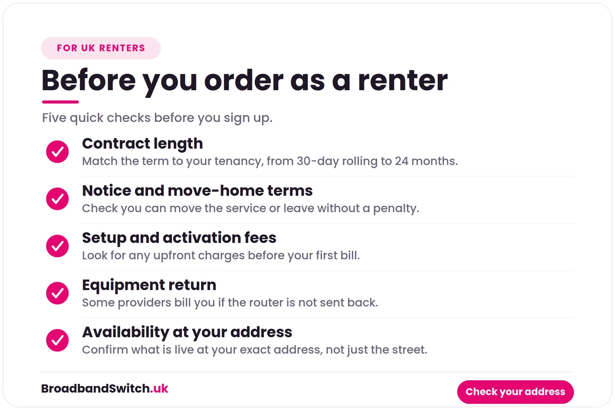 Checklist of five things UK renters should confirm before ordering broadband: contract length, notice and move-home terms, setup and activation fees, equipment return, and availability at your address.