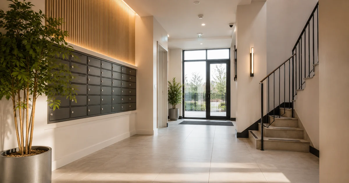 The communal entrance and letterboxes of a modern UK apartment block.