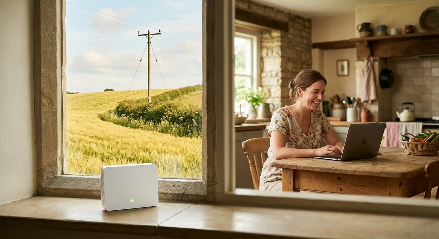 A small white broadband hub on a thick stone windowsill in a farmhouse kitchen, with a barley field and a telegraph pole visible through the window.