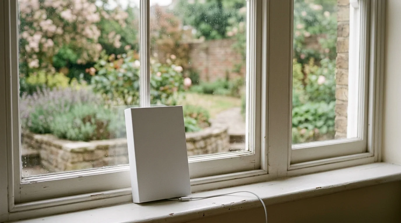 A plain unbranded white box about the size of a paperback standing on a painted windowsill in a British home, close to the glass, a short white cable running down from it and a garden softly out of focus beyond.