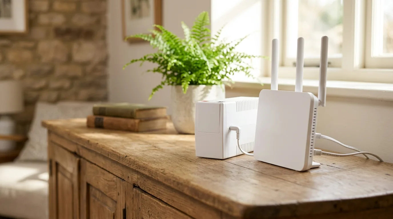 A white battery back-up unit plugged in beside a white broadband router on a wooden sideboard in a British home.