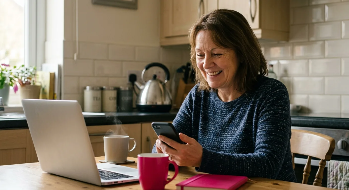 A woman at a kitchen table in a British home smiling at her phone, with an open laptop, a mug of tea and a pink notebook beside her.