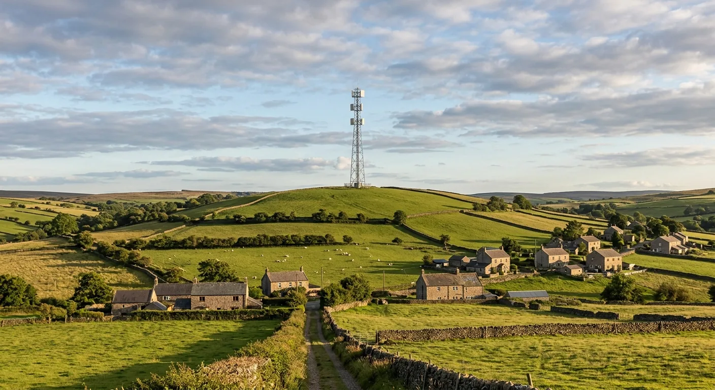 A slim lattice radio mast carrying flat panel antennas on a green hilltop above a valley of farmland and scattered stone houses.