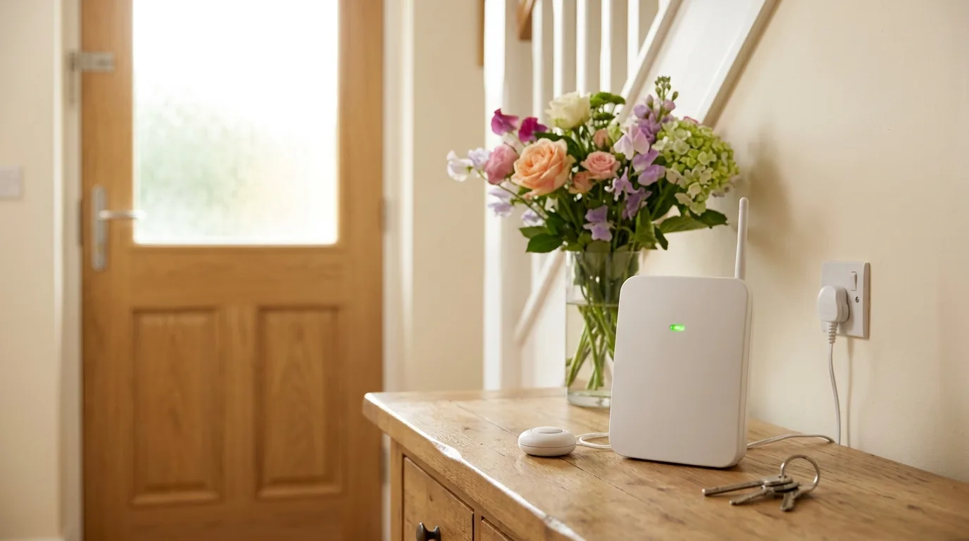 A plain white care alarm base unit with a small aerial and a green light on a hall table, a single power cable running to a wall socket, and no telephone cable anywhere.
