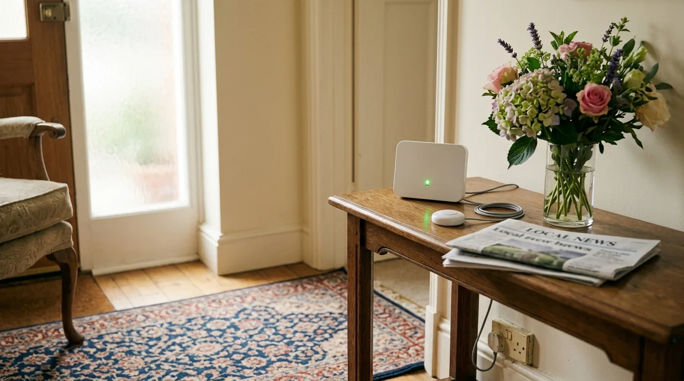 A plain white telecare base unit with a green indicator light on a hall table, a coiled cable beside it and a lead running down to a wall socket on the skirting board.
