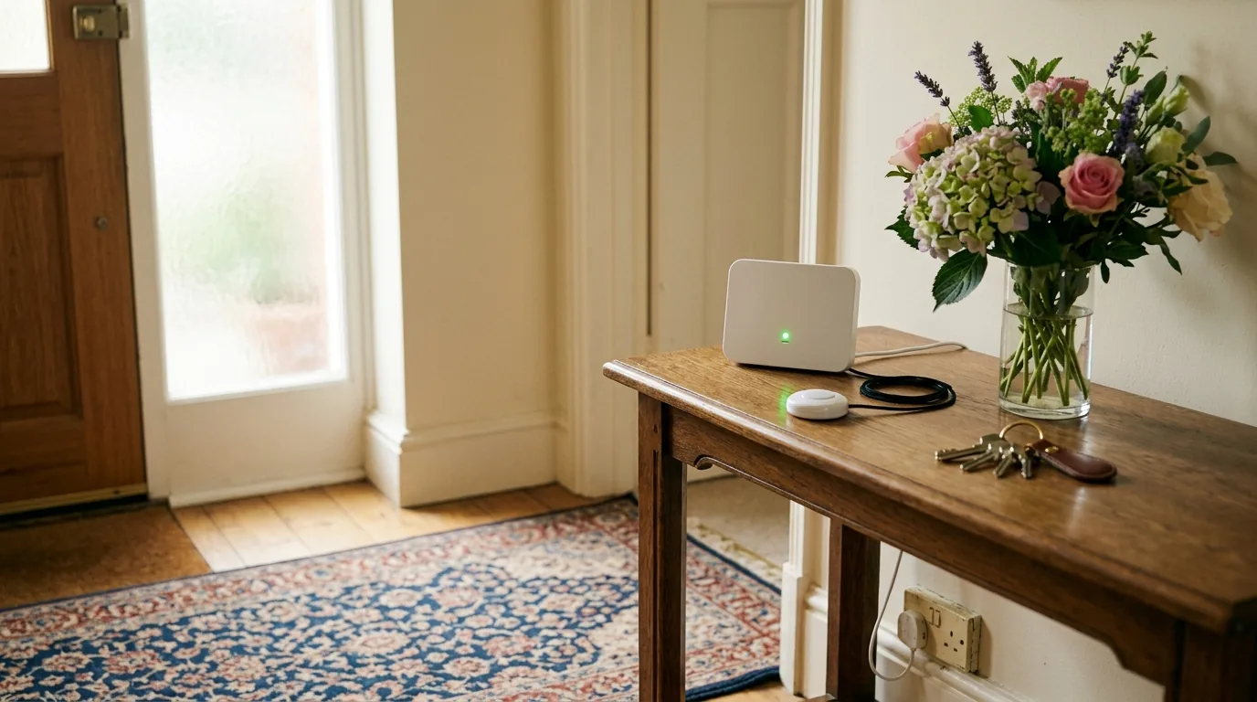 A small white care alarm base unit with a green light on a hall table, its cable running to an old cream telephone socket on the skirting board, with a pendant alarm beside it.