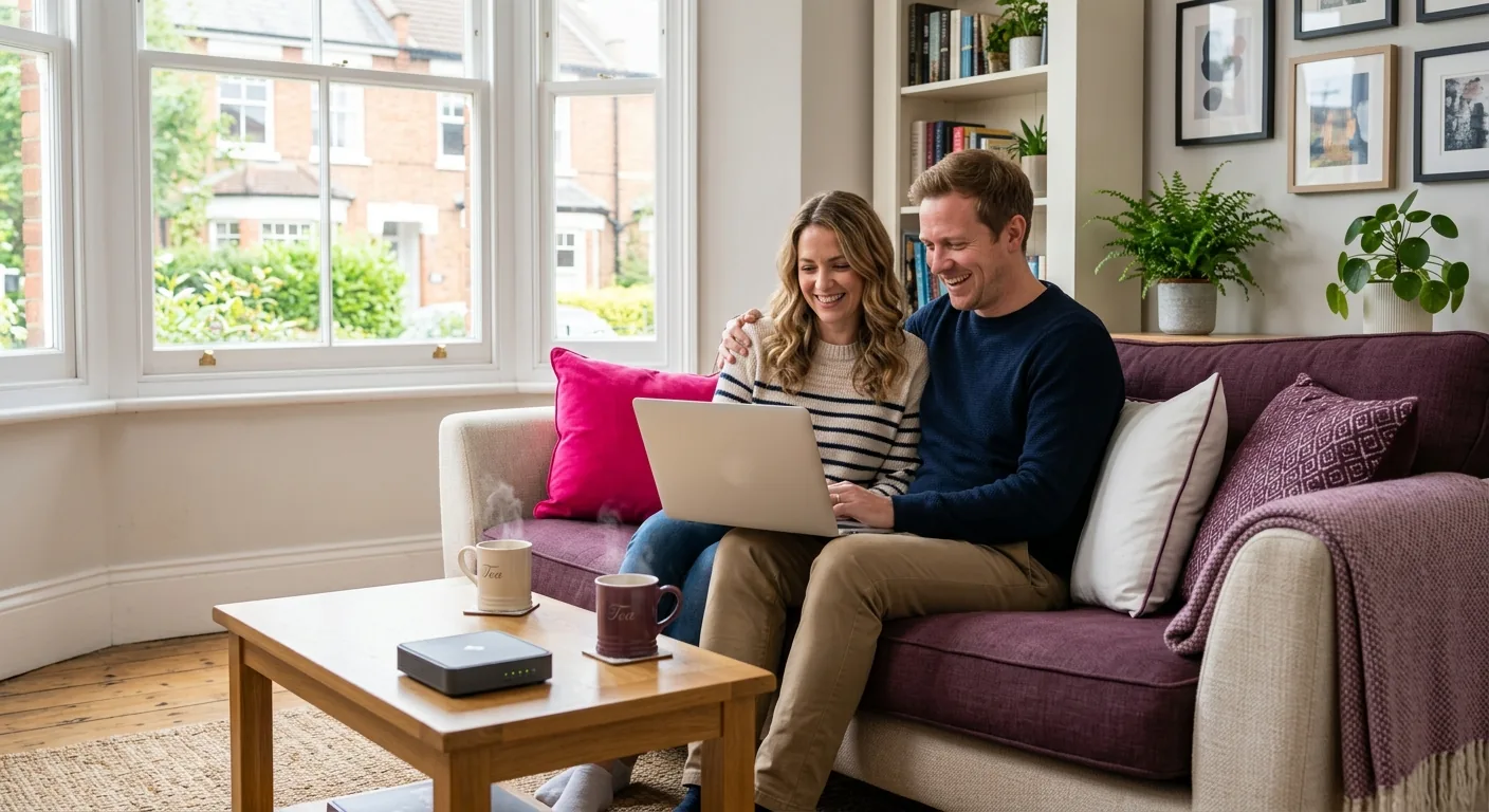 A couple on a sofa in a bright British living room sharing a laptop and smiling, with a small router and two mugs of tea on the coffee table in front of them.