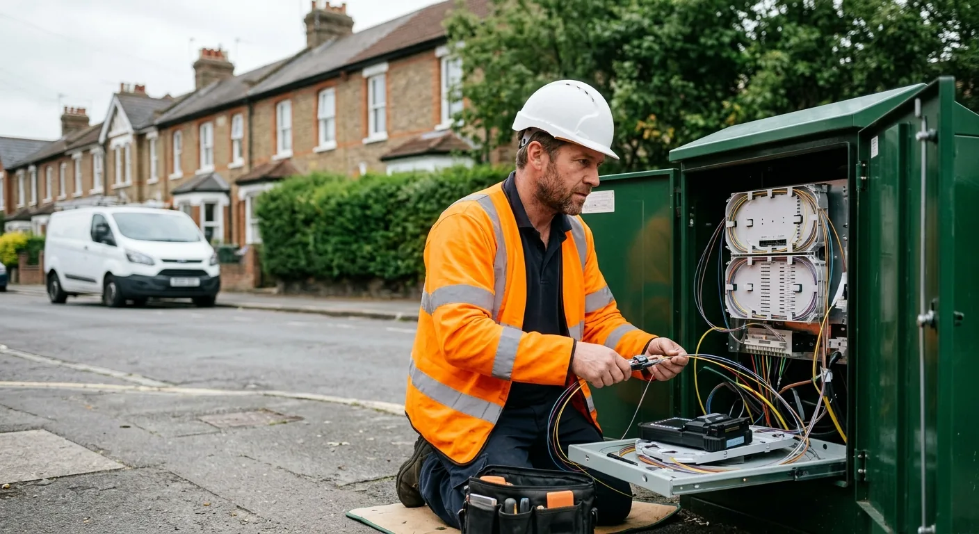 A telecoms engineer working at an open street cabinet on a British residential road.