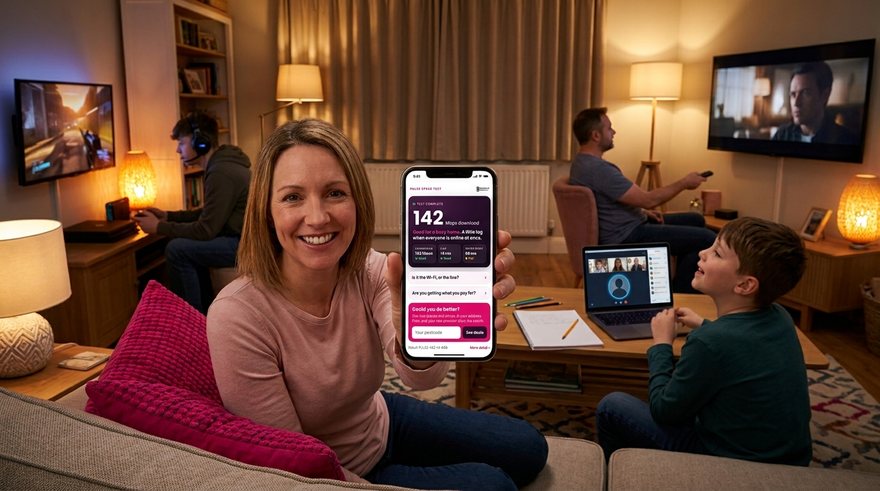 A UK living room at 8pm: a teenager games on a console, a parent streams a film on the TV, another takes a video call on a laptop, and a woman on the sofa holds up a phone showing the Pulse speed test result from BroadbandSwitch.uk, 142 Mbps.