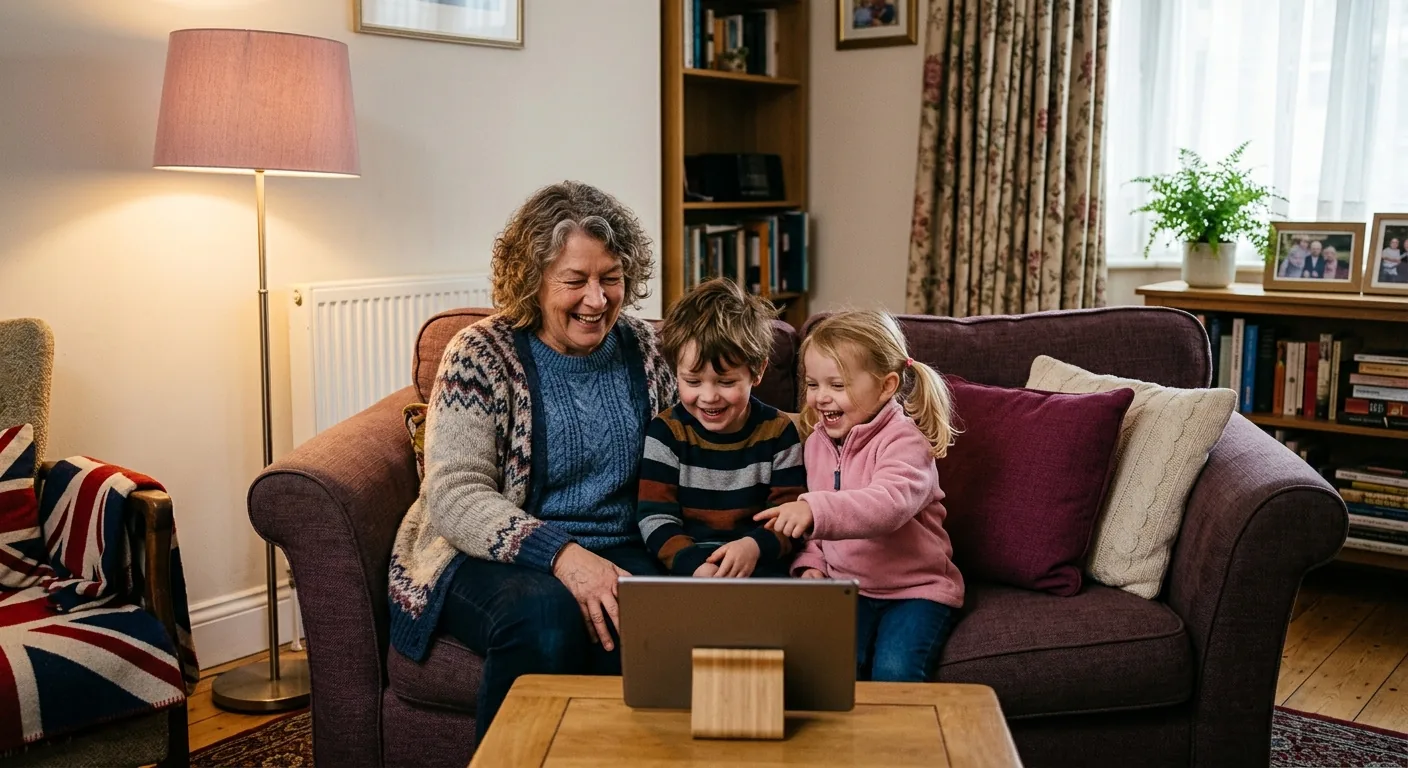 Two generations of a British family on a video call together in a living room, laughing at the screen.