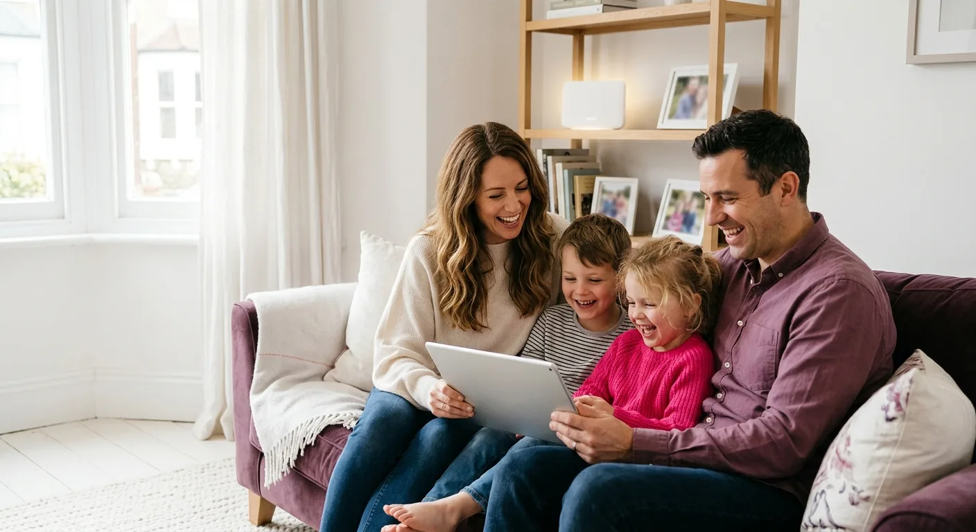 Two parents and two young children laughing together around a tablet on a sofa in a bright British living room, with a white router on the shelf behind them.