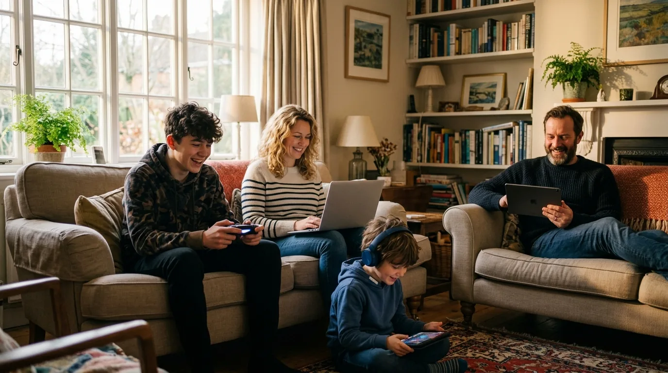 A family in a British living room using four devices at the same time. A teenager plays a game on a handheld console, a woman works on a laptop, a child watches a tablet with headphones on, and a man reads on a tablet in an armchair.