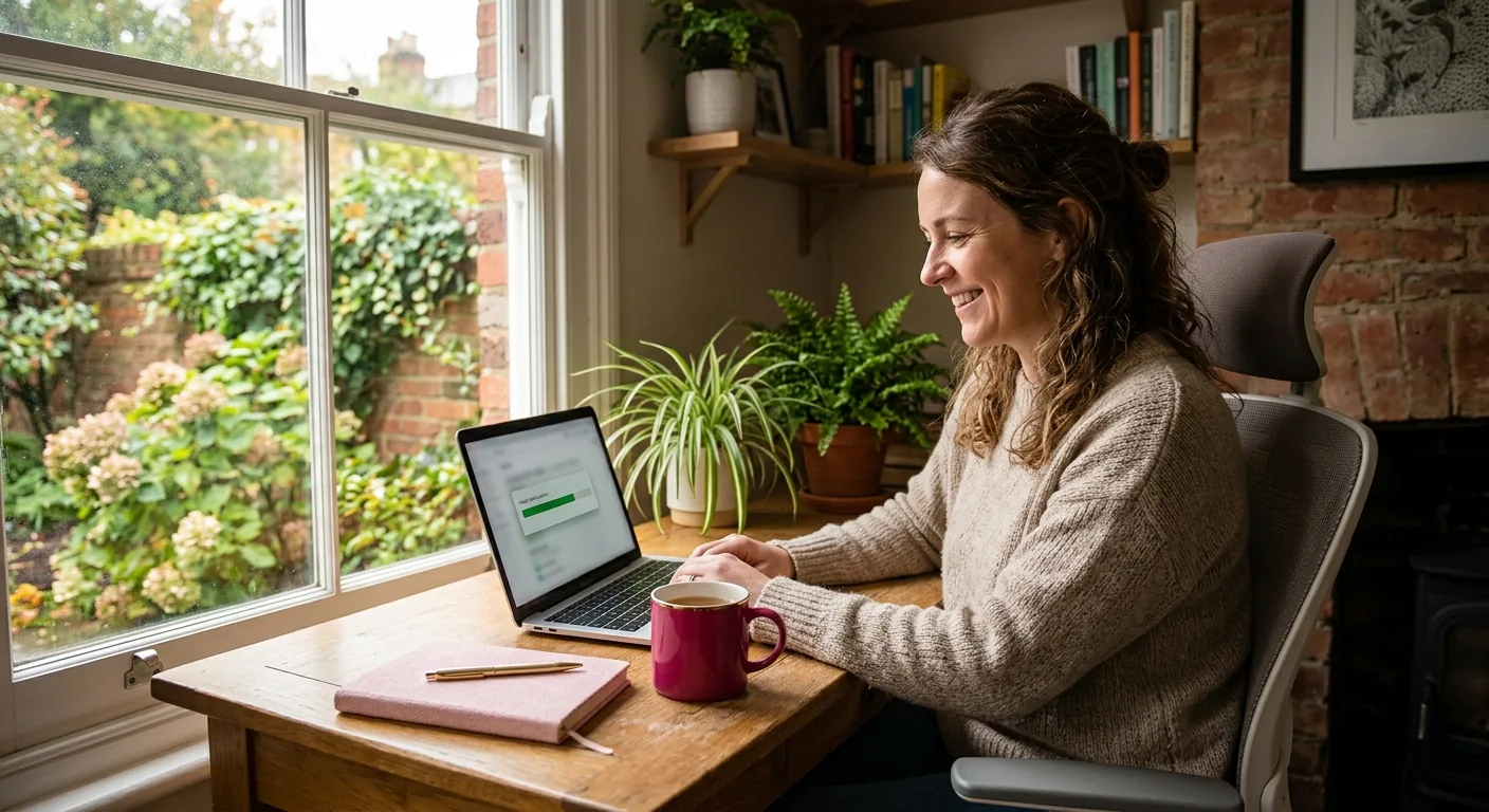 A woman at a desk in a British home office watching a large file upload on her laptop, relaxed and pleased rather than impatient.