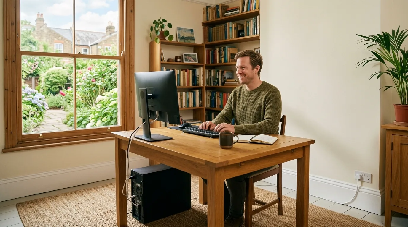 A tidy home office in a British house with a desktop computer wired directly to the wall, an ethernet cable running neatly along the skirting board, and someone working happily at the desk.