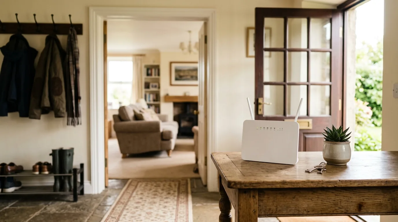 A plain white broadband router on a hall table in a British house, with the living room visible through an open door beyond it.