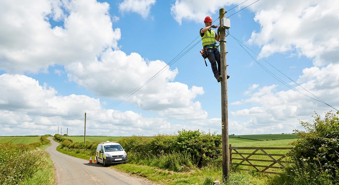 A telecoms engineer in hi-vis at the top of a wooden telegraph pole beside a country lane, working on a junction box with fibre running along the poles.