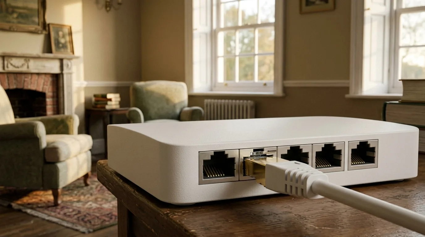 A close-up of an ethernet cable being plugged into the back of a plain white broadband router in a British living room, with the room softly out of focus behind it.
