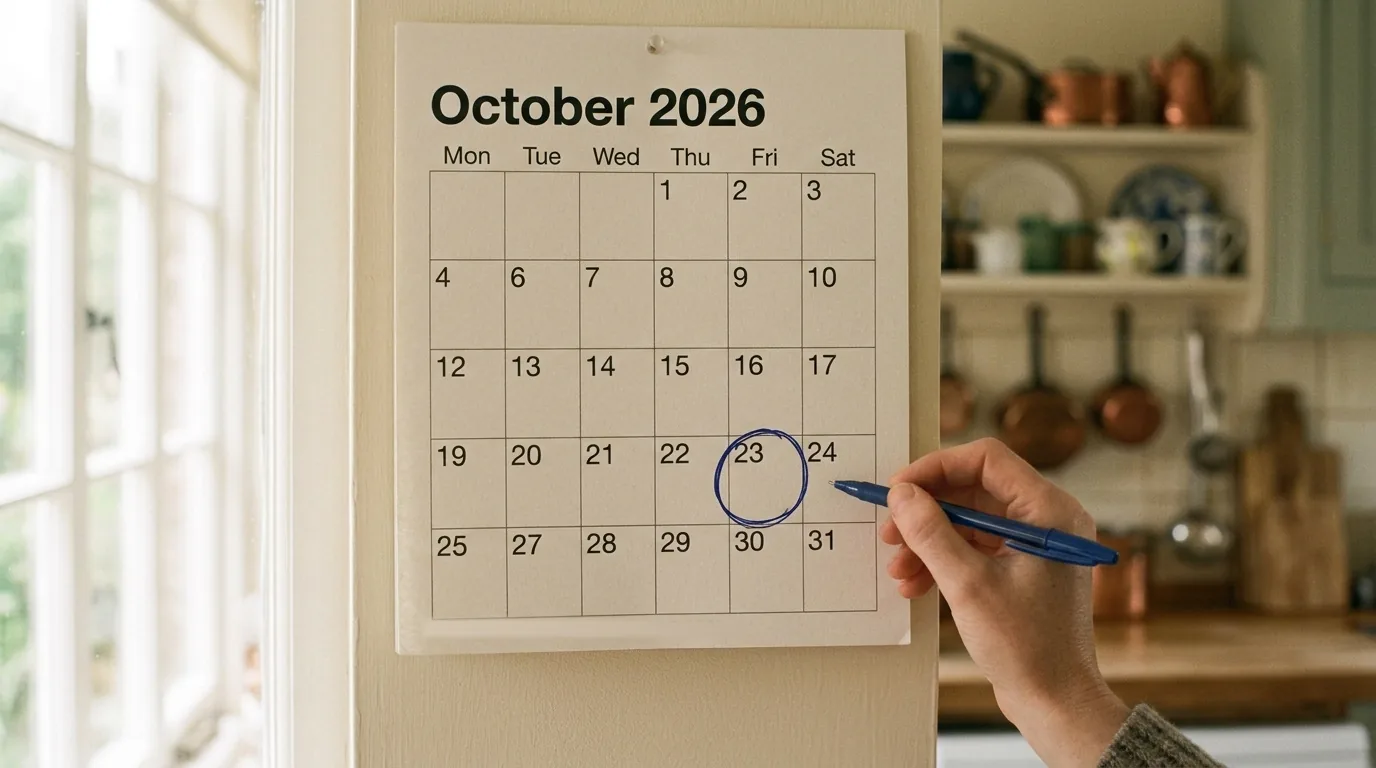 A close-up of a paper wall calendar in a British kitchen with one date ringed in blue pen and a hand just lowering the pen, warm morning light from a window.