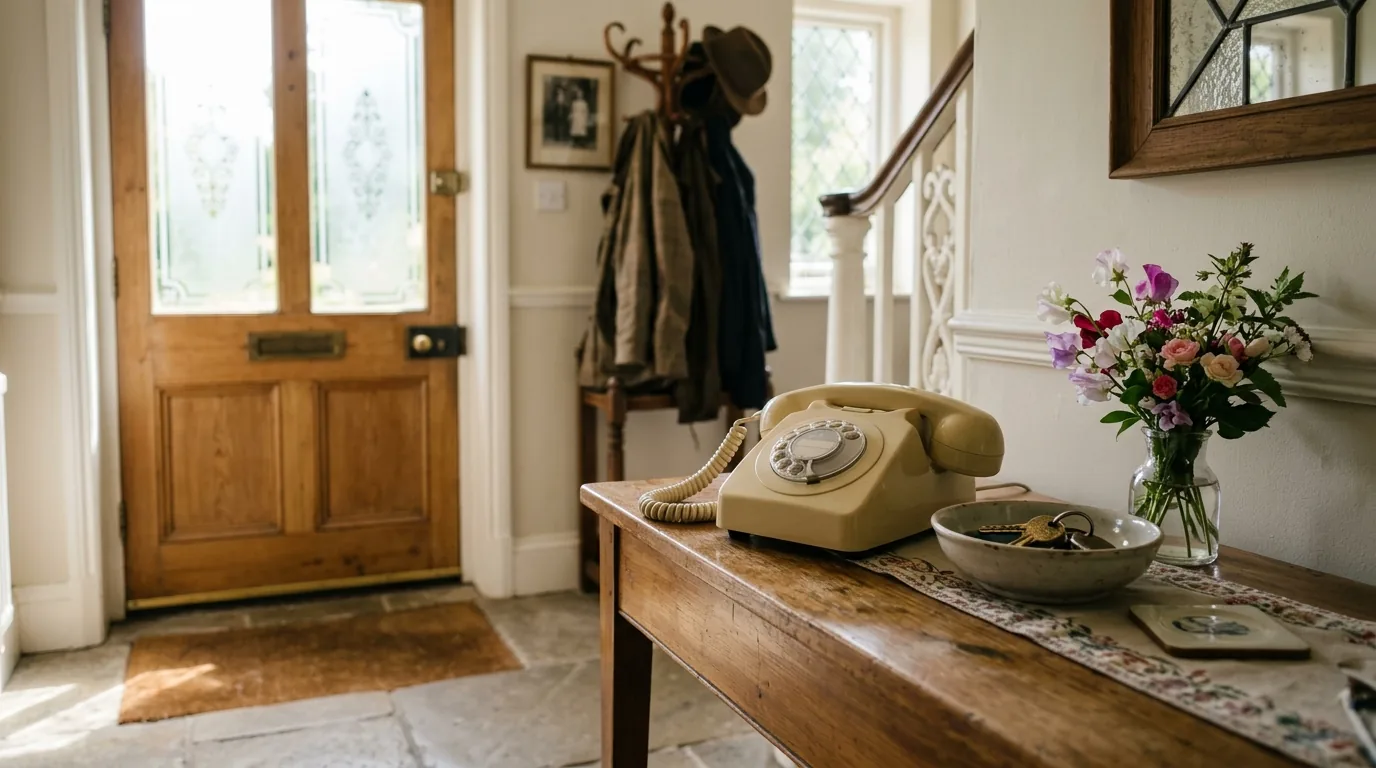 A cream rotary dial telephone on a wooden hall table in a British home, beside a bowl of keys and a jar of garden flowers, with a panelled front door behind.