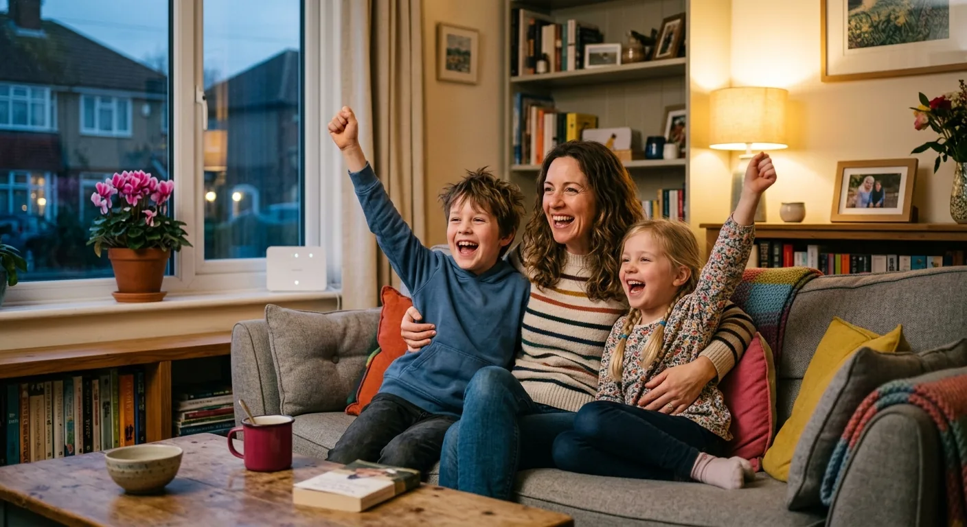 A mum and her two children on a sofa in a bright British living room, arms up and laughing as their broadband comes back on.