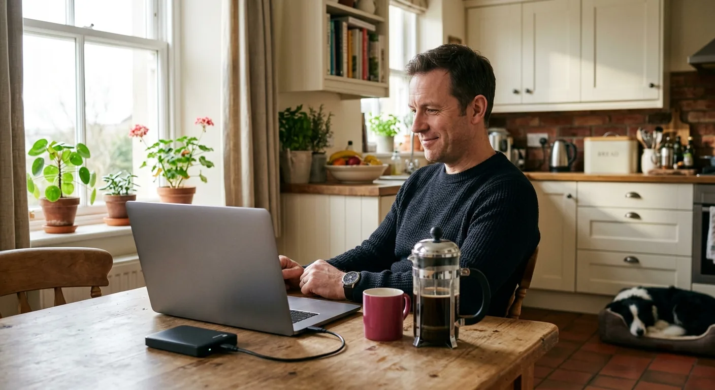 A man at a kitchen table in a British home with a laptop and an external drive, backing up a photo library.