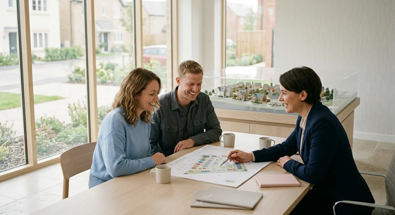 Two buyers at the desk of a new-build sales office, talking to a sales adviser who is pointing at a site plan.