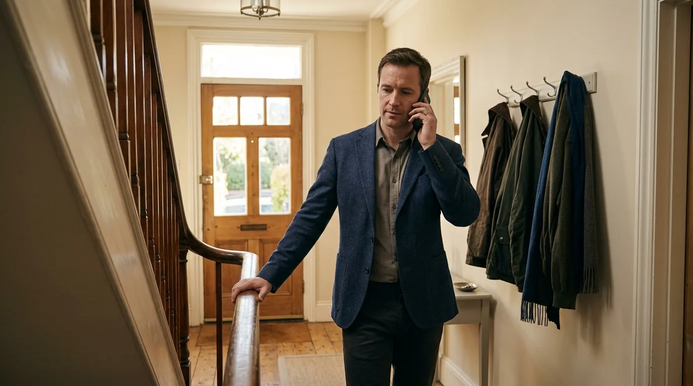 A man standing in the hallway of a British house holding a mobile phone to his ear, calm and businesslike rather than cross, one hand on the bannister with coats on hooks behind him.