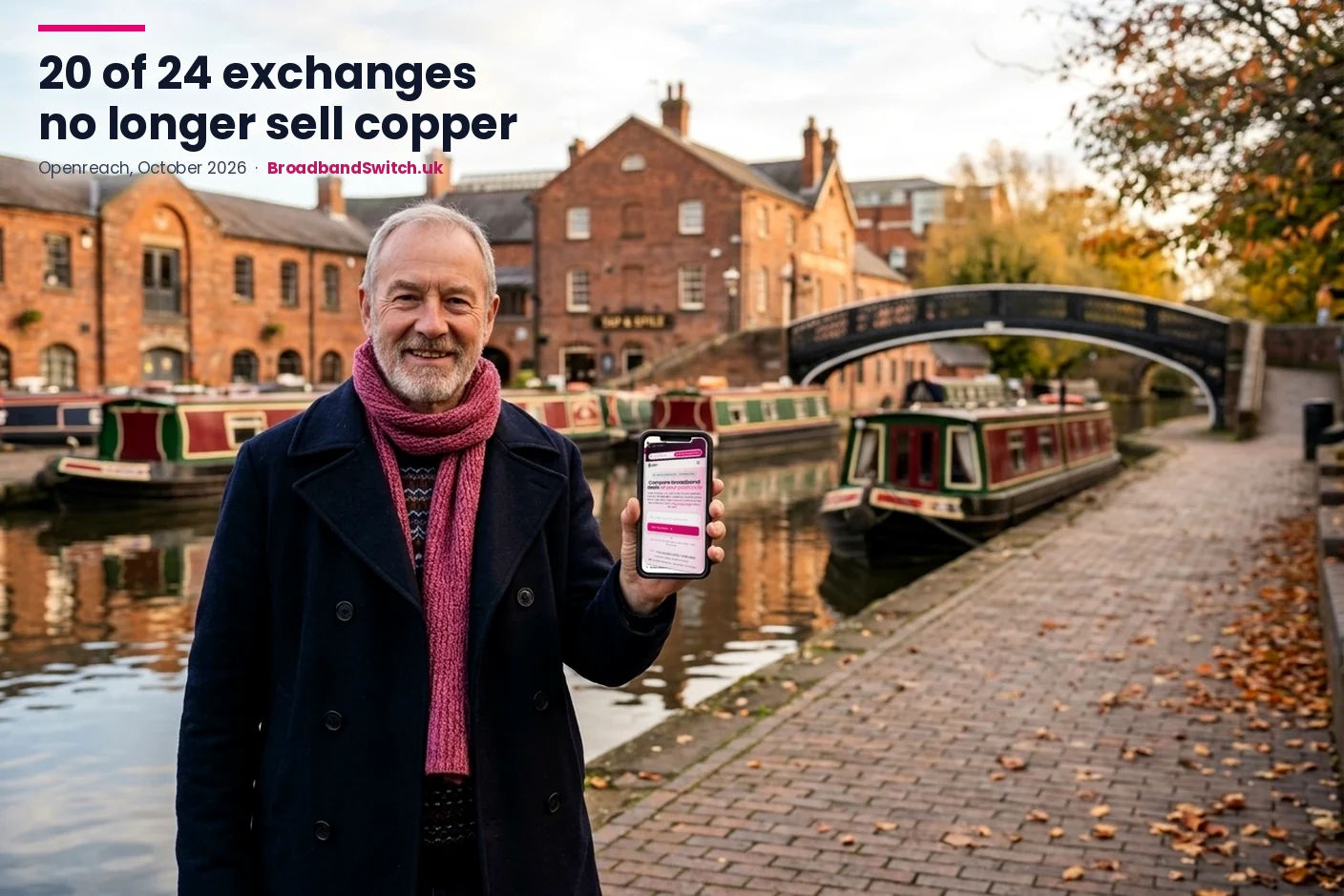 A smiling man with a grey beard and a raspberry-pink scarf on the towpath at Gas Street Basin in Birmingham, with painted narrowboats moored along the canal and old brick warehouses behind, holding out his phone showing the BroadbandSwitch.uk Compare Broadband Deals page, with the headline: 20 of 24 exchanges no longer sell copper.