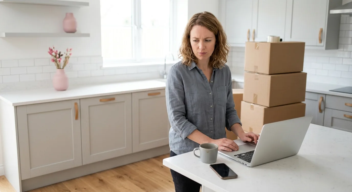 A woman at a kitchen worktop in a new-build home checking a broadband availability checker on a laptop, with a phone beside her.