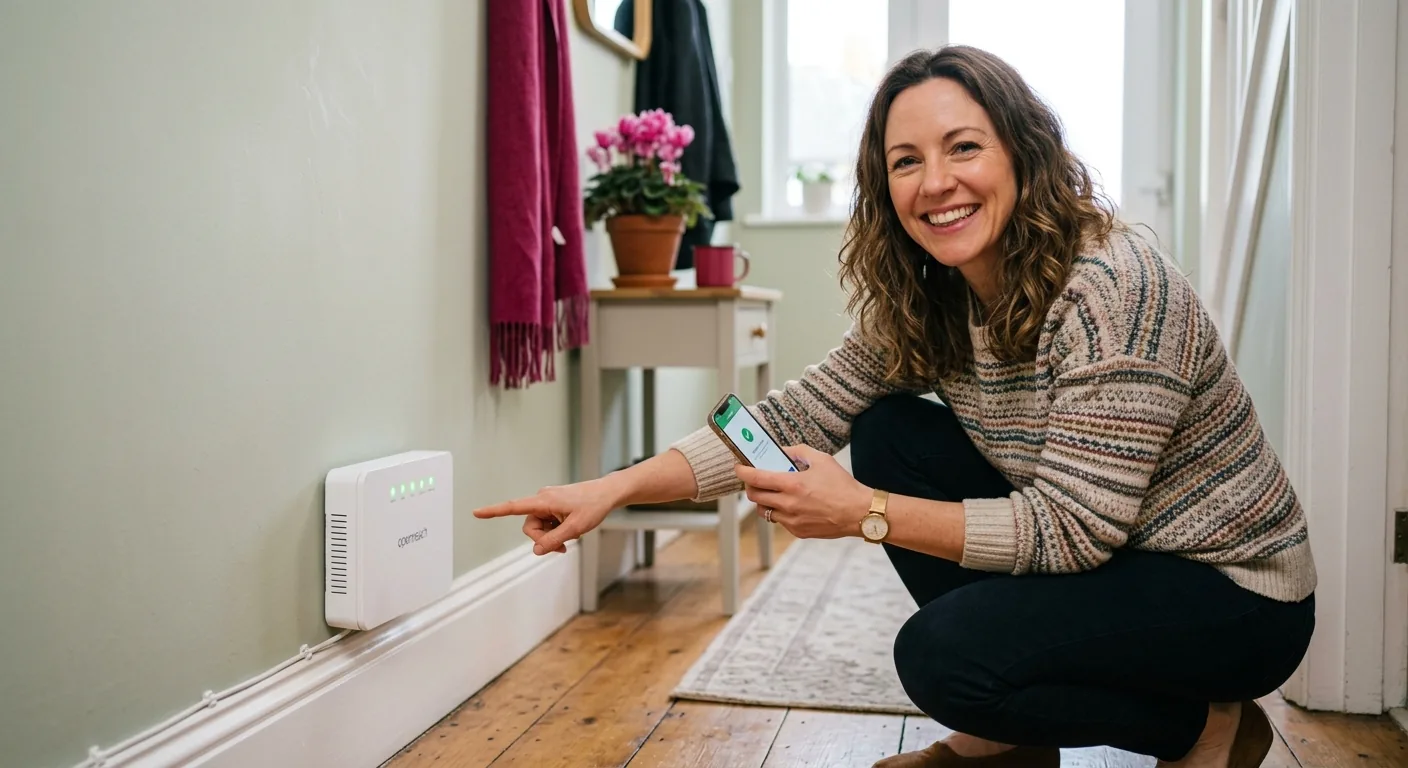 A smiling woman crouched in a British hallway, pointing at the steady green lights on the white full fibre box low on the wall.
