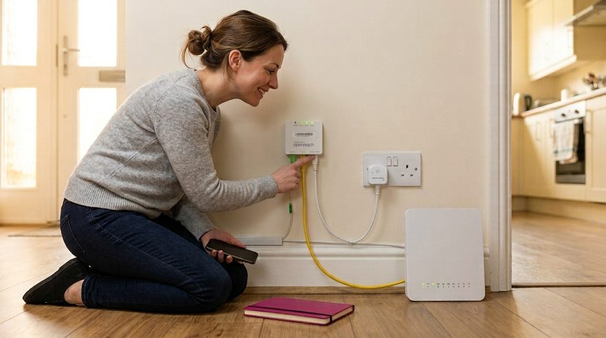 A woman kneeling in a hallway, her finger on the cable where it enters the small white fibre box: the two-minute check for full fibre