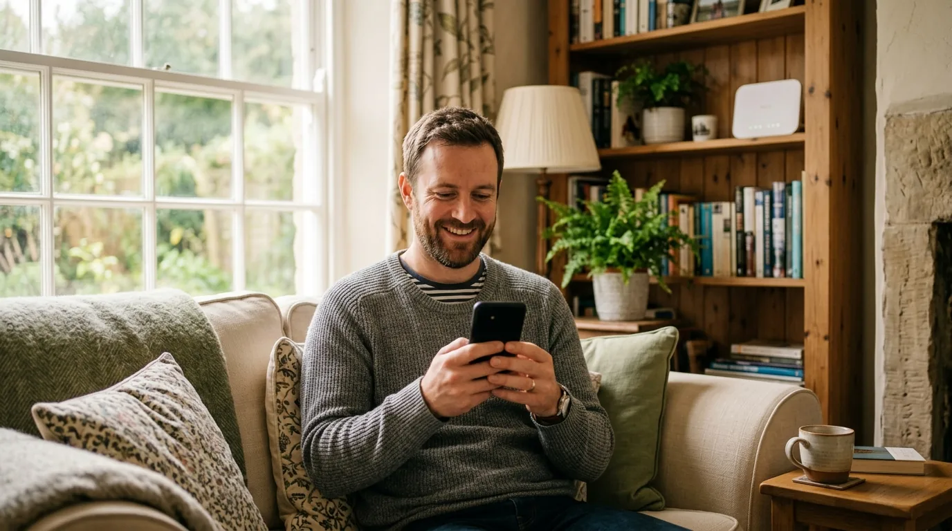 A man sitting on a sofa in a British living room looking pleased while checking something on his phone, with a router visible on a bookshelf behind him.