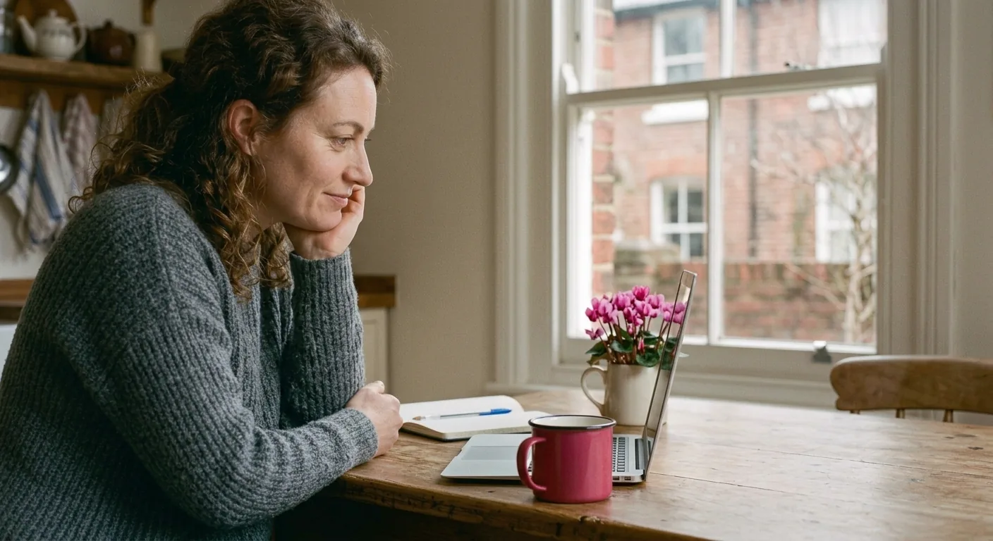 A woman in her thirties at a kitchen table leaning in towards an open laptop with her chin on one hand, concentrating and faintly amused, a raspberry enamel mug and an open notebook beside her.