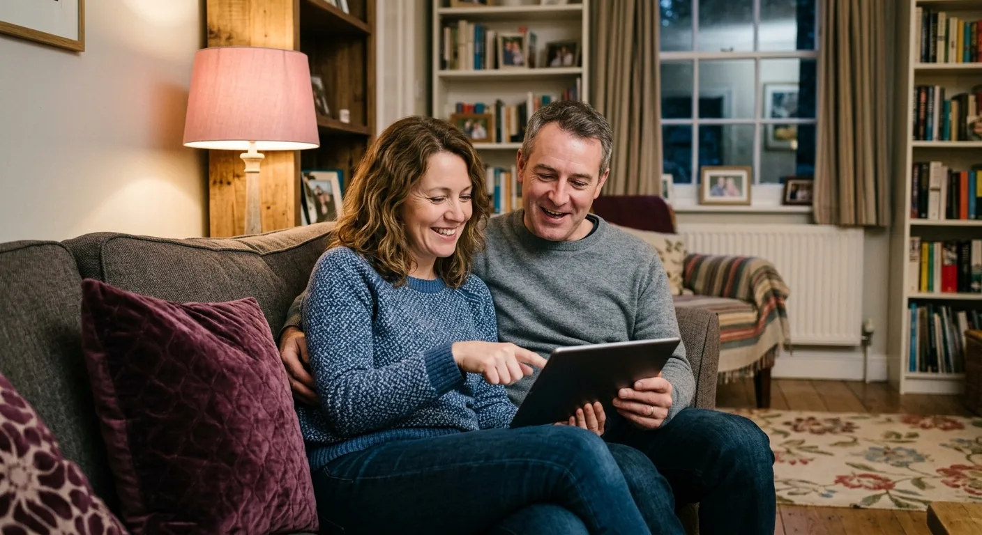 A couple on a sofa in a British living room comparing broadband packages on a tablet, talking it over.