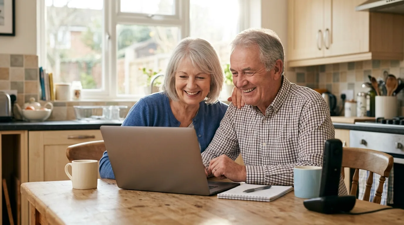 A couple in their sixties sitting together at a British kitchen table, laughing as they compare broadband and digital voice options on a laptop, a cordless phone and a notepad beside them.