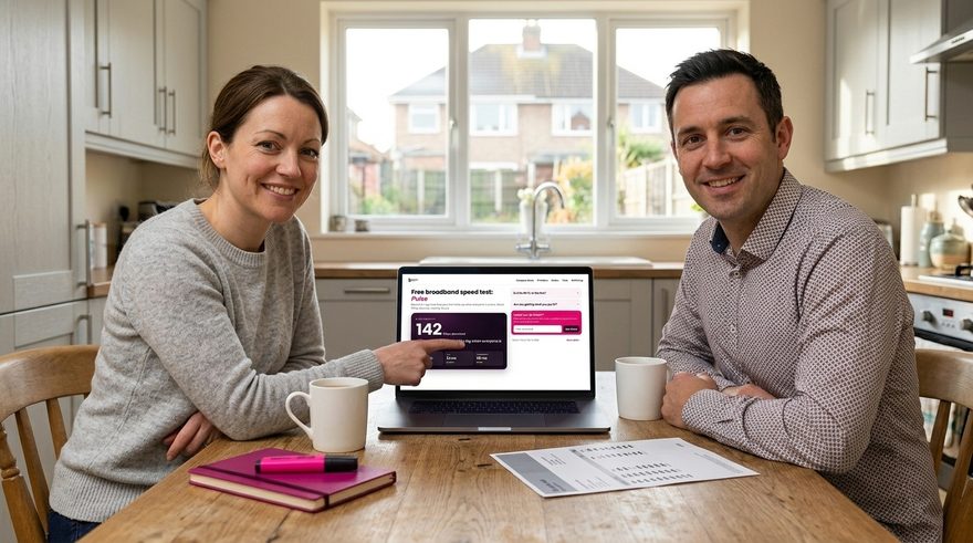 A couple at a kitchen table comparing a printed broadband bill with a Pulse speed test result on a laptop