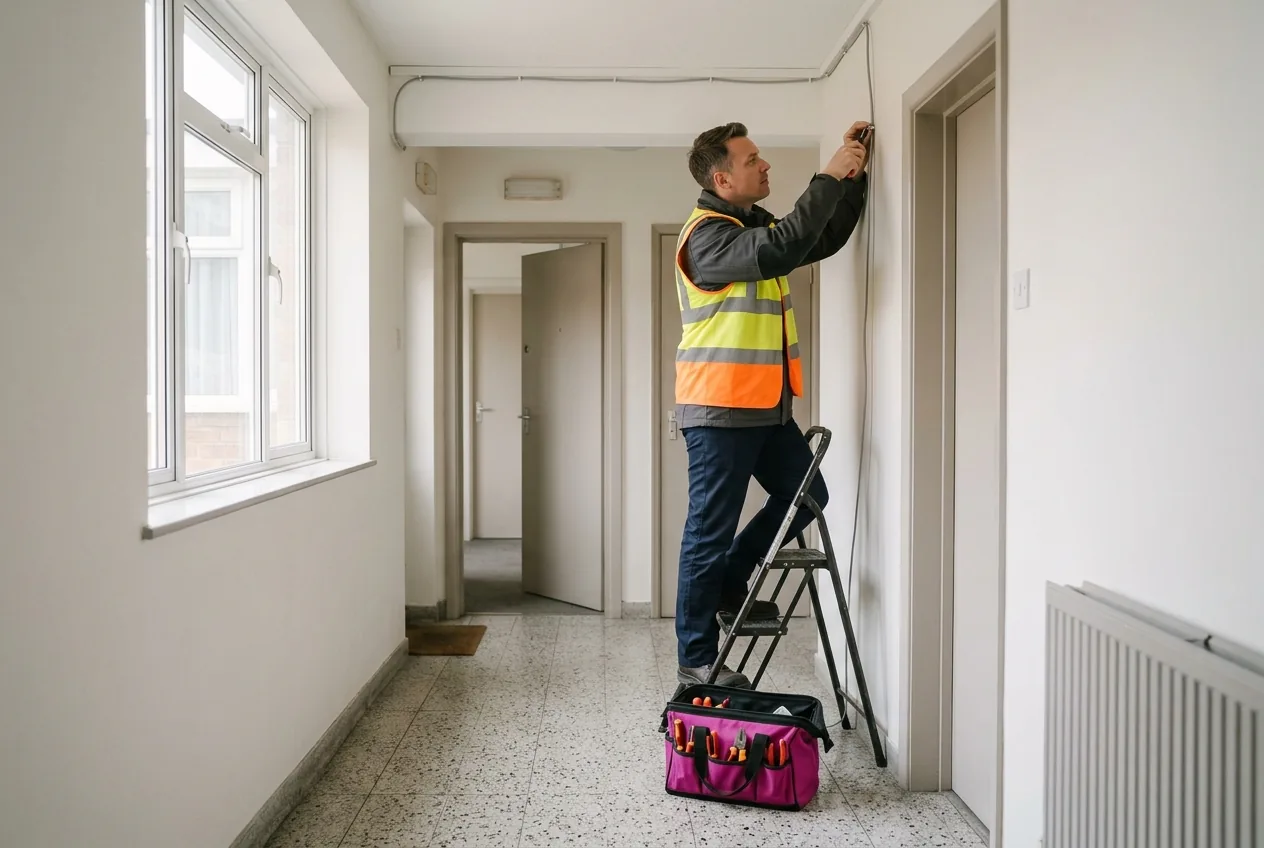 A telecoms engineer in a plain hi-vis vest on a step ladder in the communal corridor of a UK block of flats, clipping a thin cable neatly along the top of the wall.
