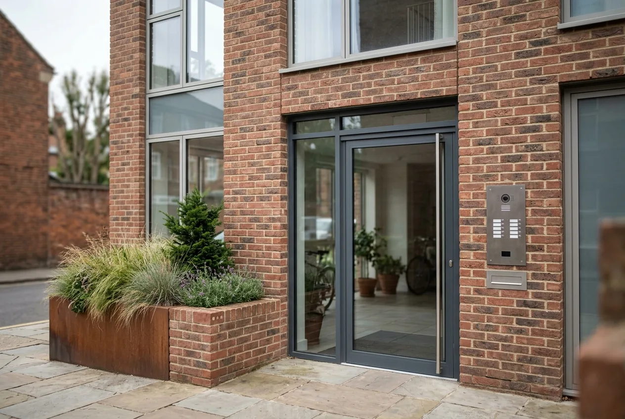 The glazed communal entrance of a modern UK block of flats with a metal intercom panel beside the door and a planter in front of it.