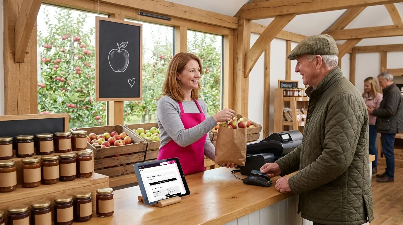 A smiling farm shop owner in a pink apron hands a bag of apples to a customer paying by card, with a tablet on the counter showing BroadbandSwitch.uk Starlink deals.