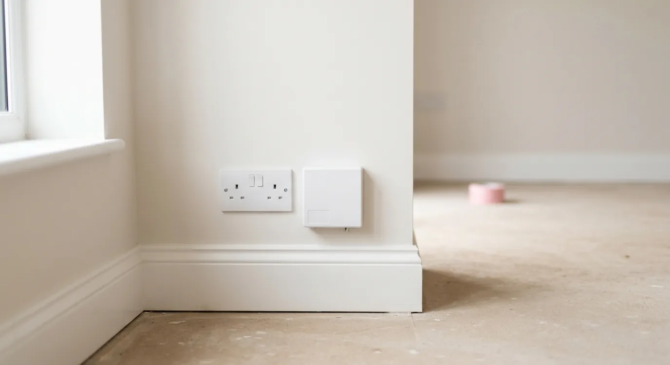 A small white fibre termination box on the wall of an empty new-build room, beside a power socket.