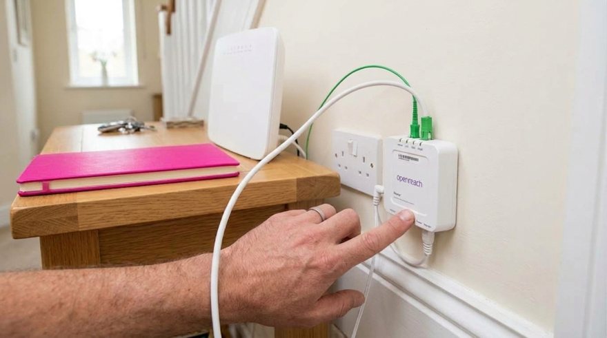 Close up of a hand following a white Ethernet cable from a broadband router to a small white full fibre box on a UK hallway wall, a thin green fibre lead entering the box and a pink notebook on the hall table.