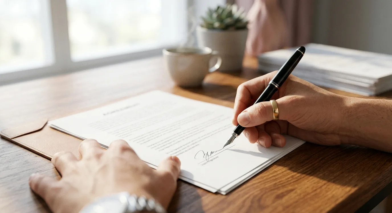 A close view of somebody signing a printed agreement at a desk, the pen on the signature line.