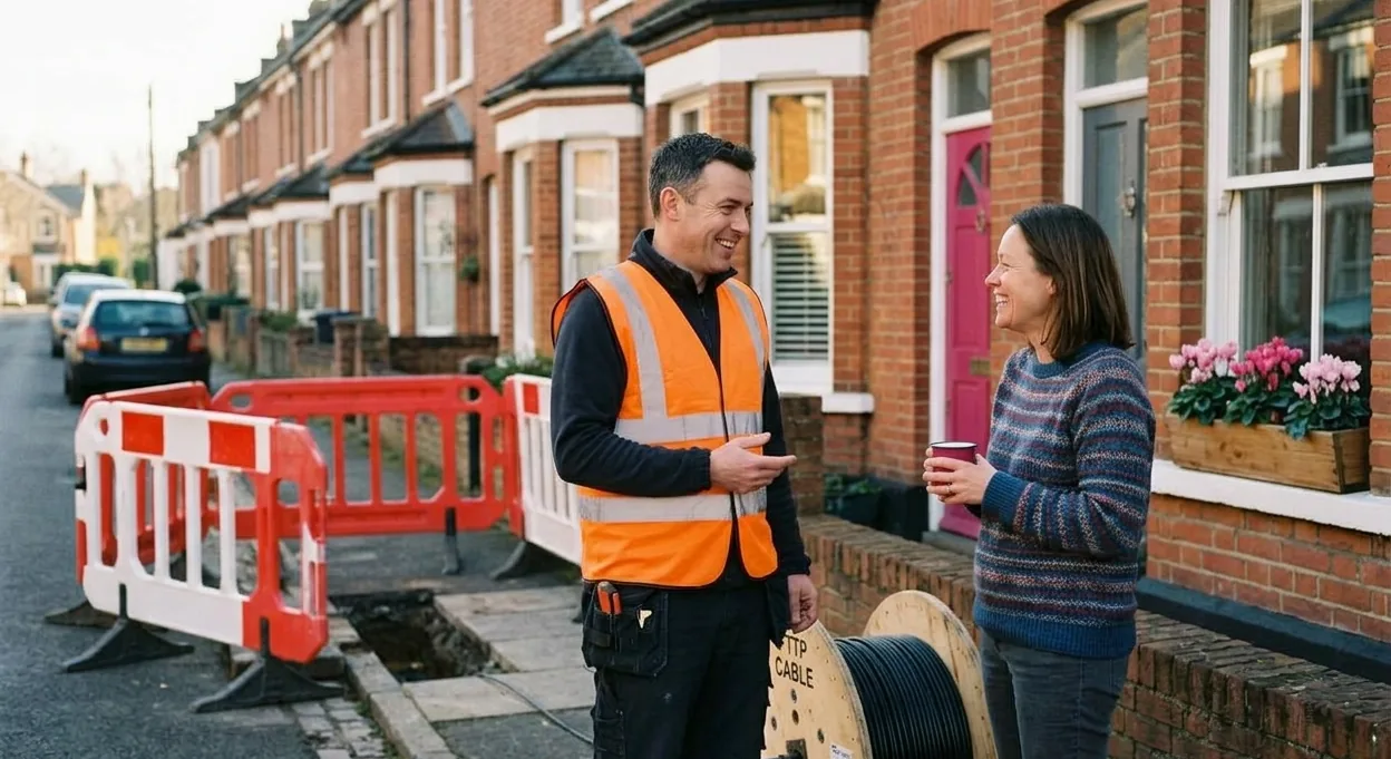 A broadband engineer in a high-visibility vest smiling as he talks to a resident on the pavement of a British terraced street, with a fibre cable reel beside them.
