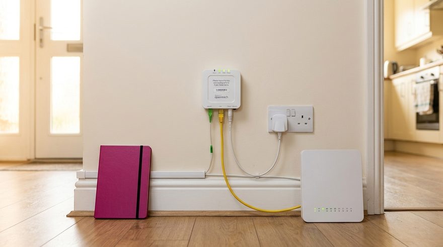 A small white Openreach fibre box on a hallway wall, with its green fibre lead, yellow Ethernet lead and power lead, and a white router on the floor beside it