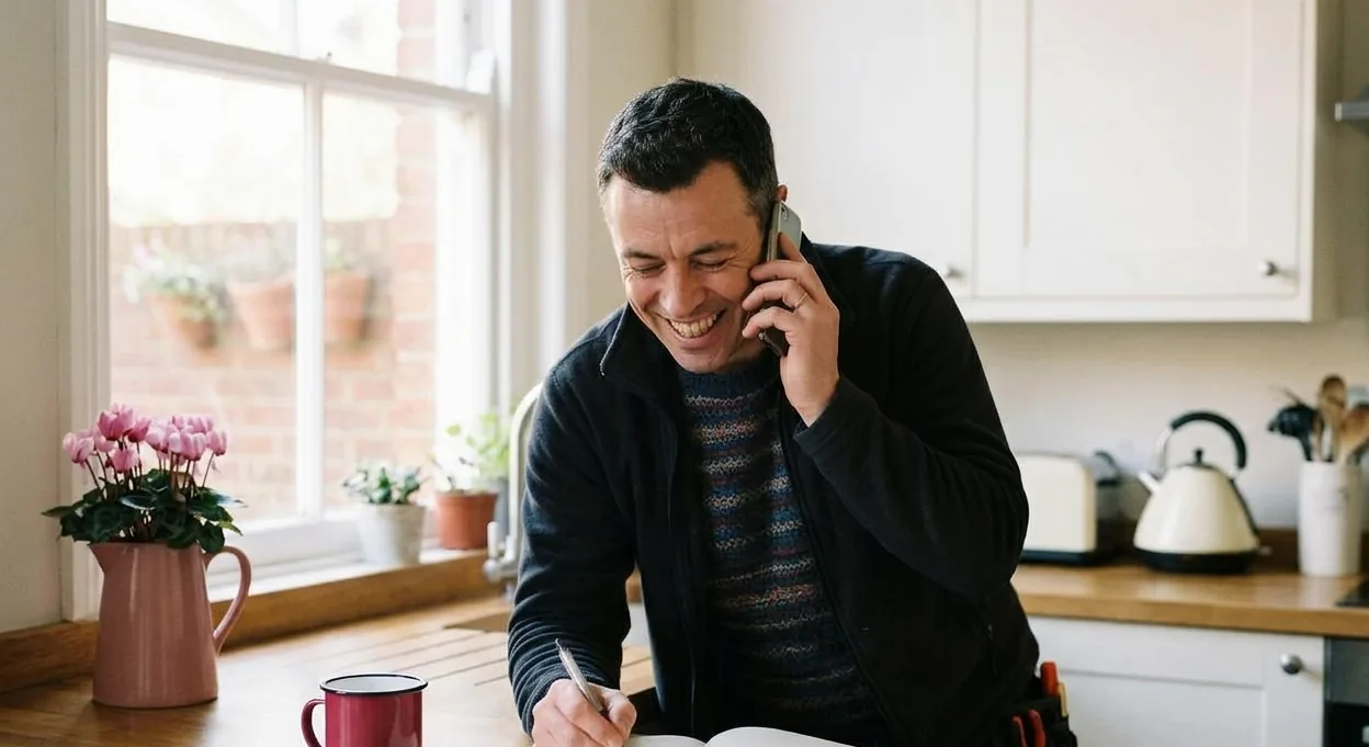 A man in his forties standing at a kitchen worktop with a phone to his ear, grinning and making a note, having clearly just been told what he wanted to hear.