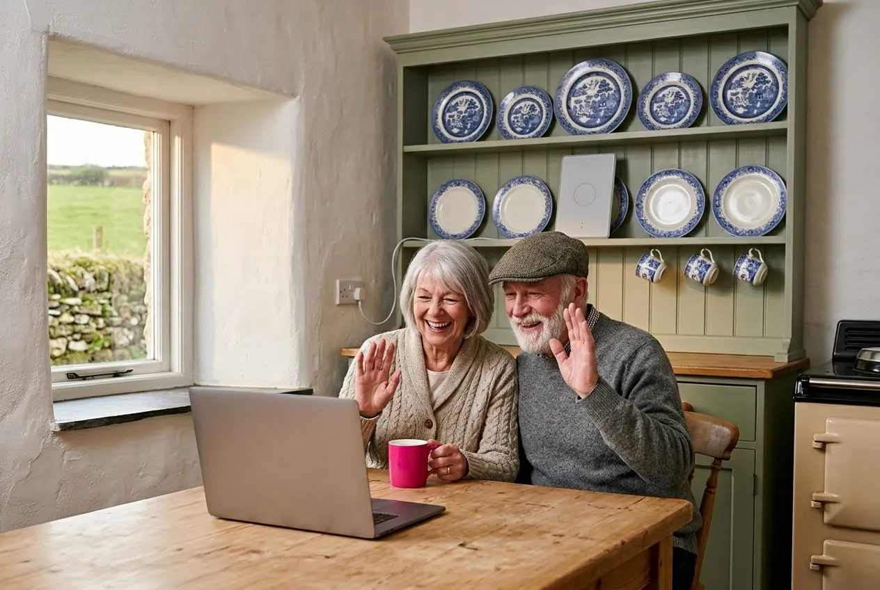 Grandparents laugh and wave on a video call at their kitchen table in a Cornish cottage, with a Starlink Wi-Fi router on the dresser behind them.